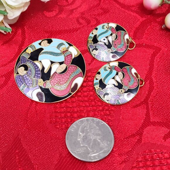 Barbara Lavallee Cartique Group of Enameled Brooch Pin W 2 Earrings Cloisonne - Picture 2 of 9